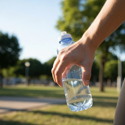 Close-up of a person's hand holding a clear water bottle during exercise, focus on hydration