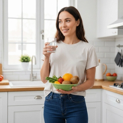 Person holding a glass of water and a bowl of fruits, representing healthy lifestyle