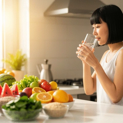 Person drinking a glass of water next to high-fiber foods