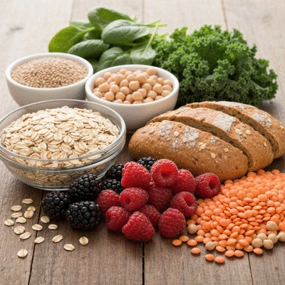 Variety of fiber-rich foods like oats, fruits, and vegetables