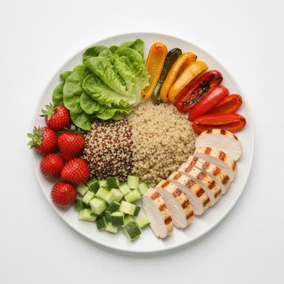 Healthy food plate with fruits, vegetables, and grains