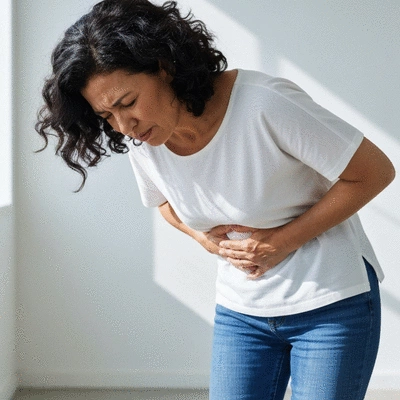 Person experiencing bloating, holding their stomach in discomfort, with a light, clean background, no text, no words, no typography, no labels, clean image