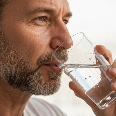 Person drinking water from a glass with a clear, refreshing look, symbolizing hydration.