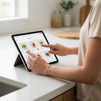 Person using an interactive meal planning app on a tablet