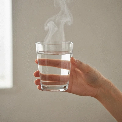 Glass of warm water with steam, next to a person's hand, representing hydration