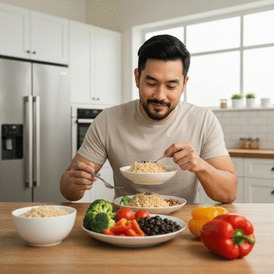 Healthy person enjoying a fiber-rich meal with whole grains and vegetables