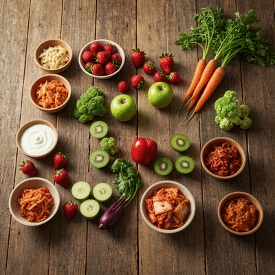 Variety of fiber-rich foods like fruits, vegetables, and whole grains on a wooden table
