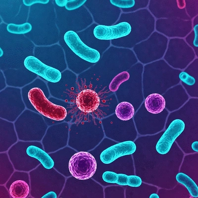 Microscopic view of gut bacteria being affected by antibiotics