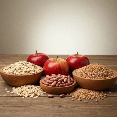 Assortment of fiber-rich foods like oats, apples, beans, and whole grains