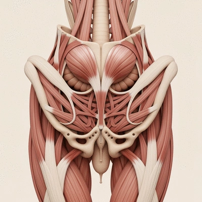 Illustration of pelvic floor muscles and their connection to the digestive system, rendered in a clean, anatomical style
