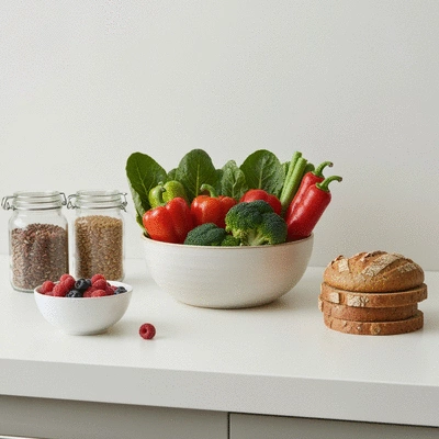 Assortment of fiber-rich foods and a meal planner on a kitchen counter