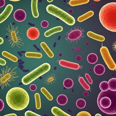 Microscopic view of diverse gut microbiome with various bacteria and fungi, clean image, no text
