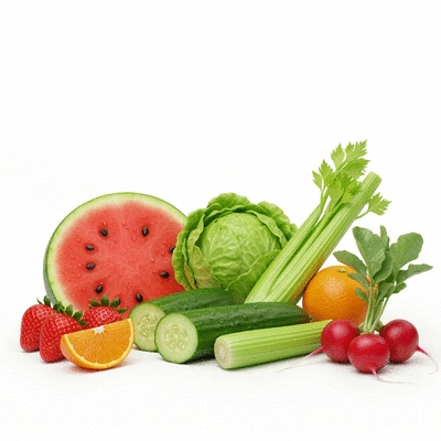 Assortment of vibrant, water-rich fruits and vegetables on a clean white background