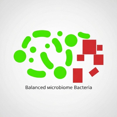 Balanced gut microbiome with beneficial bacteria represented by green circles and harmful bacteria by red squares