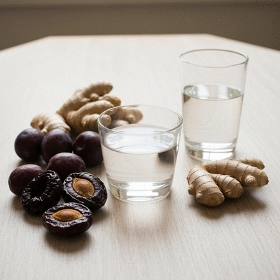 Various natural remedies for constipation laid out on a clean wooden table, including prunes, ginger root, and a glass of water, natural light