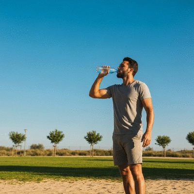 Person drinking water in a hot environment