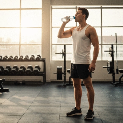 Athlete drinking water during a workout, clear water bottle, gym background, no text, no words, no typography