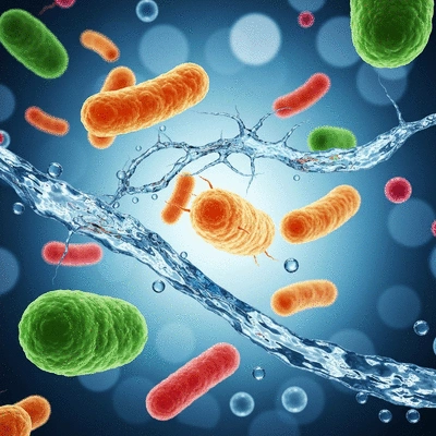 Microbiome illustration with water molecules and healthy gut bacteria
