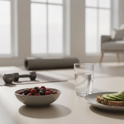 Person enjoying a balanced lifestyle with healthy food and water near exercise equipment