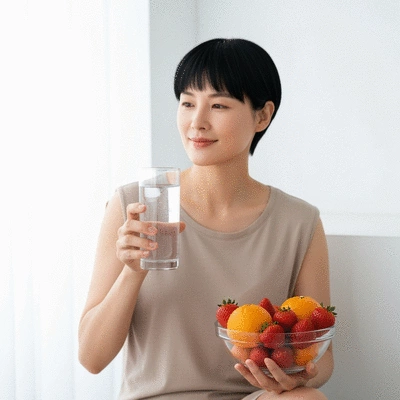 Person holding a glass of water and a bowl of fiber-rich fruits, clean background, natural light