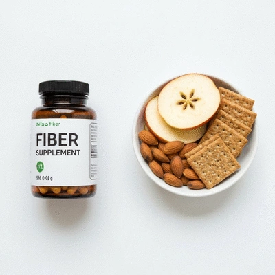 Fiber supplement next to a bowl of fruits and vegetables