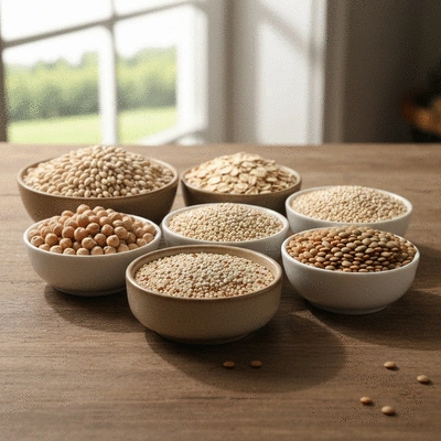 Assortment of whole grains and legumes in bowls