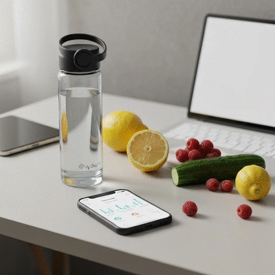 A person tracking water intake on a mobile app with a water bottle and fruits nearby.