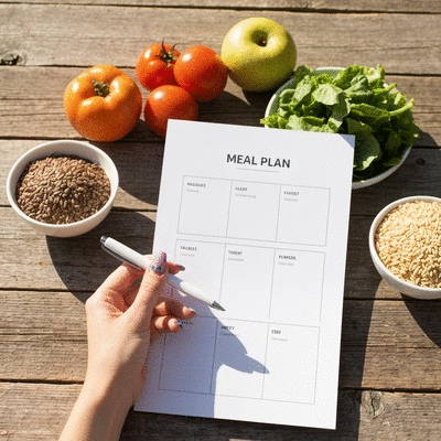 Hand holding a printable meal plan with a pen, surrounded by healthy ingredients