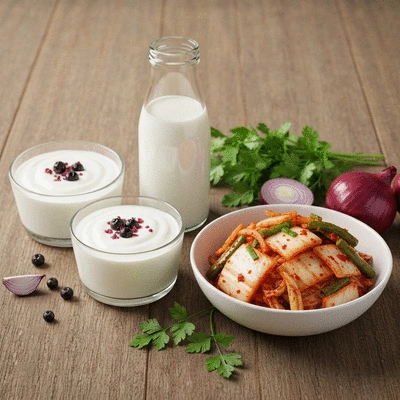 Assortment of probiotic-rich foods like yogurt, kefir, and kimchi on a rustic wooden table with fresh ingredients. Bright, clean, and inviting.