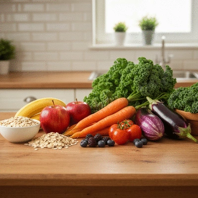 Assortment of fiber-rich foods like oats, fruits, and vegetables on a rustic table
