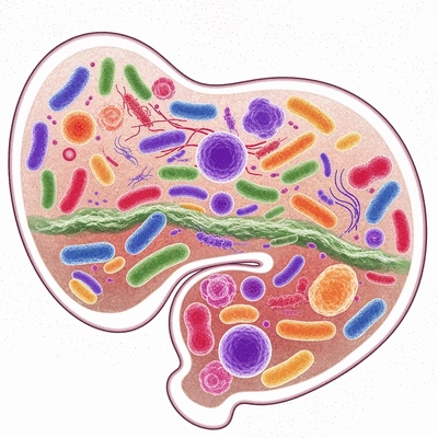 Microorganisms inside a gut model, highlighting their diversity and interaction