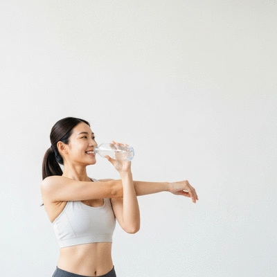 Person drinking water and doing light exercise, symbolizing hydration and regular physical activity for gut health, clean image