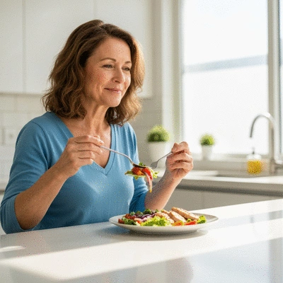 Person enjoying a healthy meal with fresh ingredients