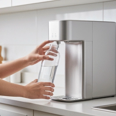 Person filling a reusable water bottle, symbolizing a consistent hydration habit. Bright, clean environment, no text.