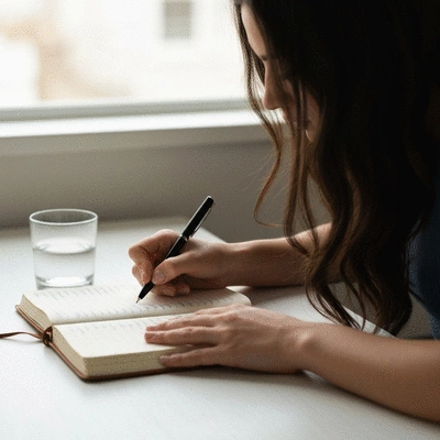 Person tracking digestive symptoms and habits in a journal with a pen and a glass of water