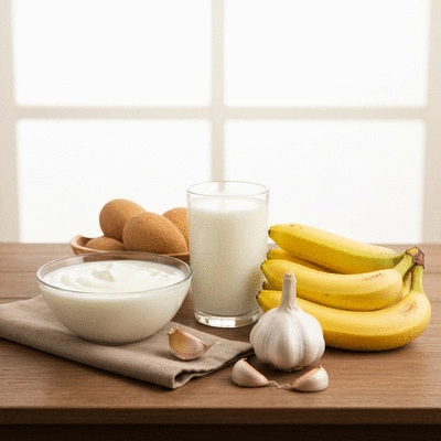 Assortment of probiotic and prebiotic rich foods like yogurt, kefir, bananas, and garlic on a wooden table, clean image