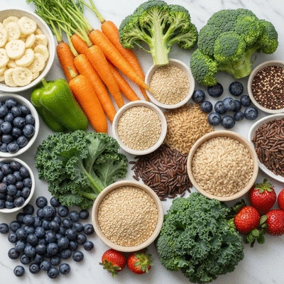 Assortment of high-fiber foods and a glass of water for hydration