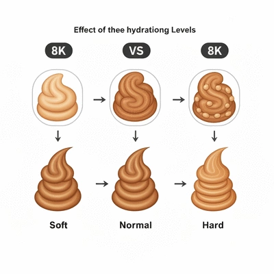 Diagram illustrating the effect of hydration levels on stool consistency, from well-hydrated to dehydrated, with icons representing soft, normal, and hard stools.