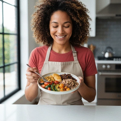 Person enjoying a healthy fiber-rich meal, bright and inviting setting