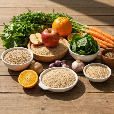 Assortment of fresh, fiber-rich foods like whole grains, fruits, and vegetables on a wooden table