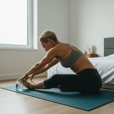 Person drinking water and engaging in light exercise, symbolizing hydration and physical activity for digestive health