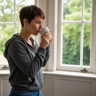 Person drinking water from a glass, with fresh fruits and vegetables in the background, symbolizing hydrating foods. Clean image, no text.