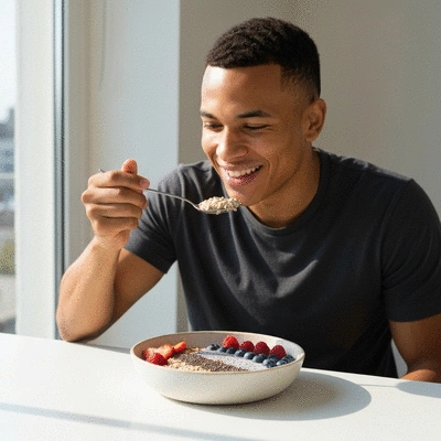 Person enjoying a healthy fiber-rich breakfast bowl with oats, chia seeds, and fruit