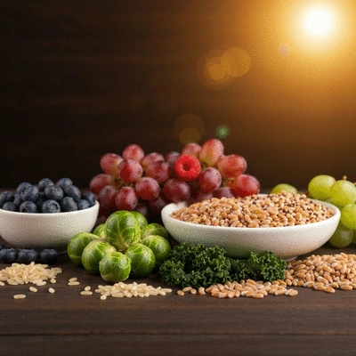 Assortment of fiber-rich foods like fruits, vegetables, and whole grains
