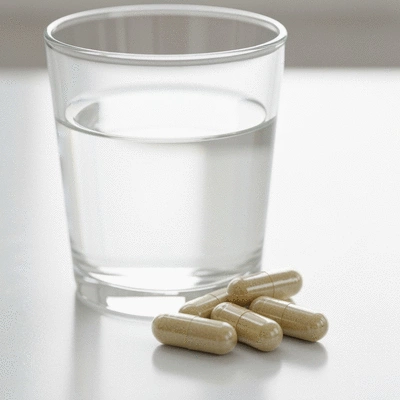Close-up of probiotic capsules and a glass of water on a clean, bright surface