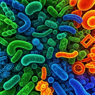 Microorganisms in a healthy gut microbiome, abstract and colorful