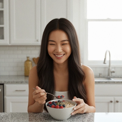 Happy person eating a bowl of oatmeal with berries and seeds, symbolizing good gut health