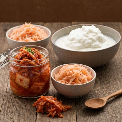 Selection of fermented foods like kimchi, kefir, and sauerkraut on a rustic wooden table